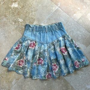 Palmetto’s Vintage Pleated Denim Mini Skirt,  Floral Motif, Size L